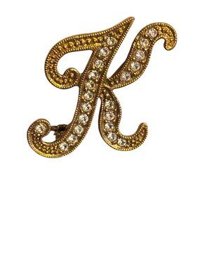 Vintage 1928 Brand Gold Tone K Initial Pin Brooch Clear Rhinestones 1.25" Estate